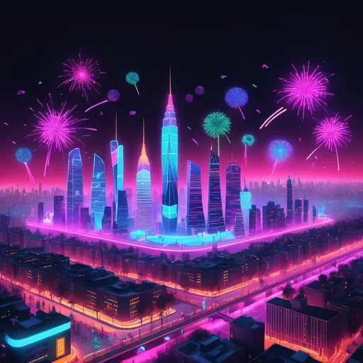 Prompt: Design a vibrant city skyline lit up with neon colors, with digital billboards displaying "Happy New Year 2025!" You can incorporate elements like flying cars or drones to enhance the AI theme.

