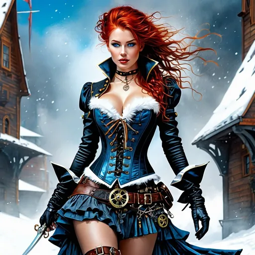 Prompt: full body shot, art of Karol Bak, snow fairy with steampunk style, red hair, blue eyes, pirate corset, pirate skirt, perfect anatomy, centered, approaching perfection, dynamic, highly detailed, watercolor painting, artstation, concept art, soft, sharp focus, illustration, Carne Griffiths and Wadim Kashin, ultra hd, realistic, vivid colors, highly detailed, UHD drawing, pen and ink, perfect composition, beautiful detailed intricate insanely detailed octane render trending on artstation, 8k artistic photography, photorealistic concept art, soft natural volumetric cinematic perfect light, full body shot