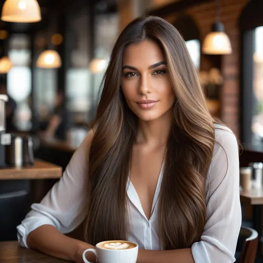 Prompt: Woman at a coffee shop, , portrait photograph, long flowing hair, (sultry flirty look), ((gorgeous symmetrical face)), no makeup, realistic, concept art, elegant, highly detailed, intricate, sharp focus, depth of field, f/1. 8, 85mm, medium shot, mid shot, (((professionally color graded))), sharp focus, bright soft diffused light, (volumetric fog)