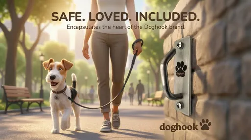 Prompt: Use the uploaded reference image as the primary reference for style, lighting, environment, Doghook design, and overall ad layout. Keep the same Disney/Pixar 3D look.

Key change: Keep the Doghook on the right wall in the same foreground position and same scale, but move the same dog + same Latina girl (waist-down) approximately 20 feet farther into the background on the path, walking toward the camera. They should appear smaller with correct perspective. Keep the dog’s face/expression consistent with the reference, still happy and looking forward.

Depth of field: Doghook remains tack sharp in the foreground. The girl + dog are slightly softer due to distance (natural f/2.8 separation), but still clearly readable as the subjects walking toward us.

Leash: Keep the black leash. The girl is holding the leash through the handle loop (hand inside the loop). The leash is clipped to the dog’s collar and has a natural gentle curve (not tangled, not dragging).

Environment: Same park path, benches, trees, warm sunny afternoon light, soft background pedestrians bokeh—match the reference vibe.

Text/branding: Keep the same headline and tagline placement and the Doghook logo placement as in the reference (unless you want it removed).

Do NOT change: Doghook design (brushed metal plate, paw logo + “doghook,” two screws, curved handle), overall color grade, Pixar-style rendering.

Negative / avoid: no redesign of Doghook, no cropping the hook, no warped anatomy, no extra limbs, no photoreal people, no changing the dog’s face pose, no messy/incorrect text, no leash handle grip error (must be hand-through-loop).