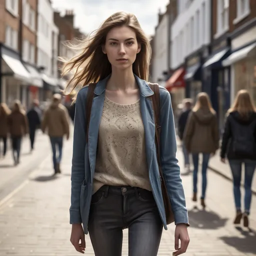 Prompt: Tall young woman walking down the high street, detailed clothing, realistic, natural lighting