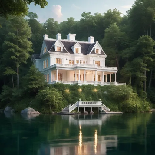 Prompt: A two-story four bedrooms white house on the edge of a crystal-clear lake surrounded by a lush green forest, soft lighting, magical atmosphere, detailed architecture