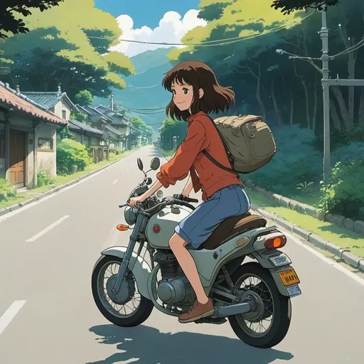 Prompt: 2d studio ghibli anime style, girl on motorcycle, anime scene