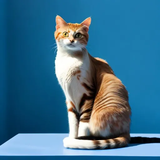 Prompt: A cat is sitting on a blue table staring at the camera