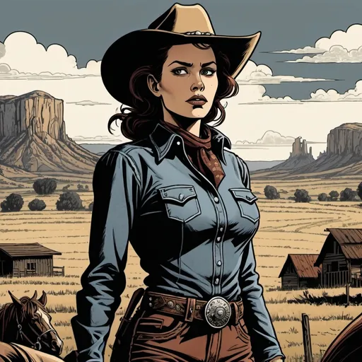 Prompt: Woman cowboy, landfields, detailed, dark colors, dramatic, graphic novel illustration,  2d shaded retro comic book