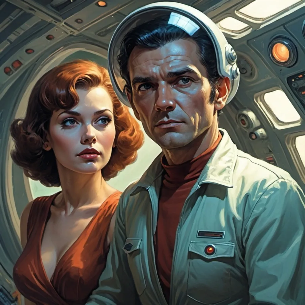 Prompt: man and woman on a spaceship, science-fiction, pulp style