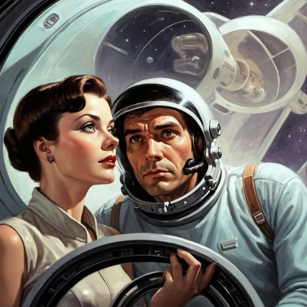 Prompt: man and woman on a spaceship, science-fiction, pulp style