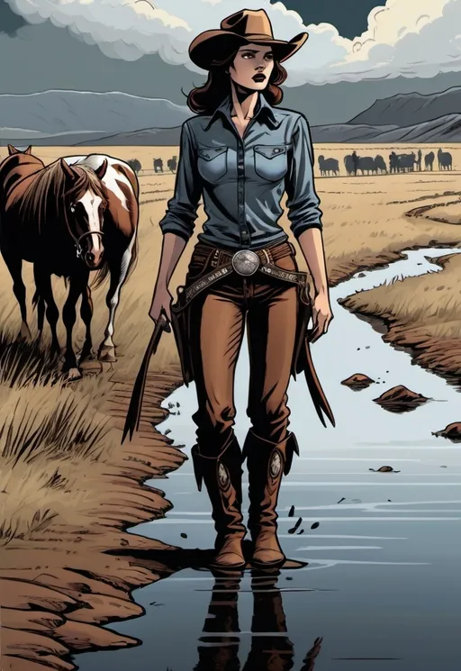 Prompt: Woman cowboy, landfields, detailed, dark colors, dramatic, graphic novel illustration,  2d shaded retro comic book