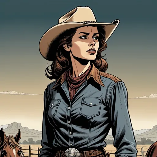 Prompt: Woman cowboy, landfields, detailed, dark colors, dramatic, graphic novel illustration,  2d shaded retro comic book