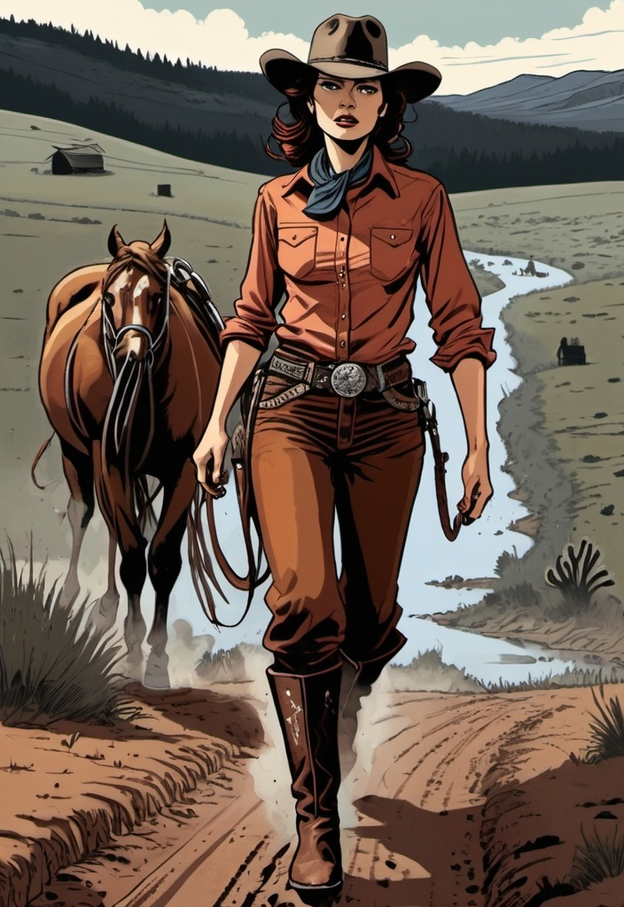 Prompt: Woman cowboy, landfields, detailed, dark colors, dramatic, graphic novel illustration,  2d shaded retro comic book