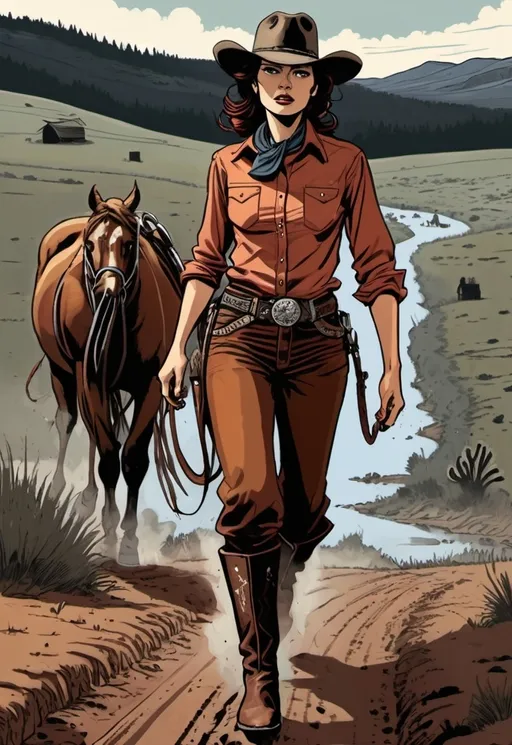 Prompt: Woman cowboy, landfields, detailed, dark colors, dramatic, graphic novel illustration,  2d shaded retro comic book