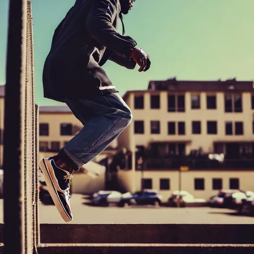 Prompt: side view african american man jumping down from a banister trench coat vans glasses stylish blurred background  