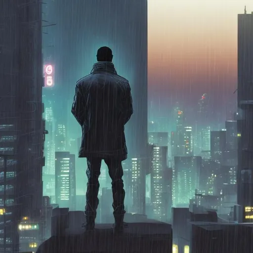 Prompt: african american man looking out over the city from a rooftop in a trenchcoat glasses cybernetic implants dark rainy fog smoke cyberpunk