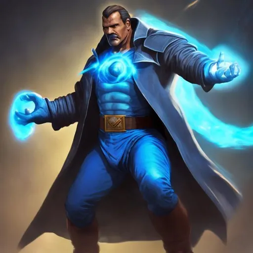 Prompt: Mike haggar as Dalinar Kohlin wearing a long sleeve blue military trench coat blue aura standing on a rock holding light