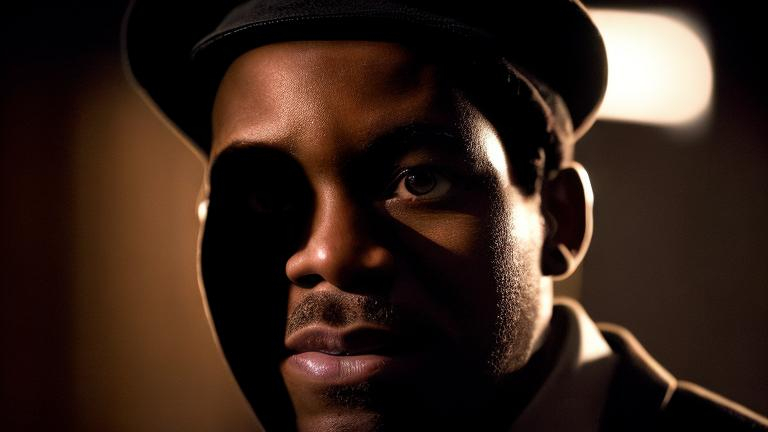 Prompt: african american spy in the shadows smirking evily a closeup of his face shadows over his face dark background