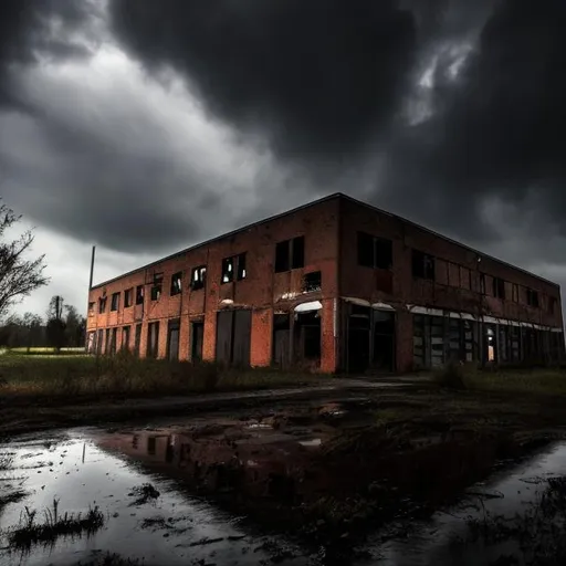 Prompt: abandoned warehouse dark night rainy 