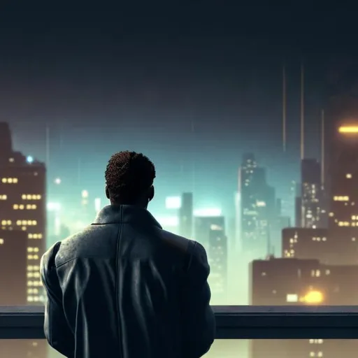 Prompt: african american man looking out over the city from a rooftop in a trenchcoat glasses cybernetic implants dark rainy fog smoke cyberpunk