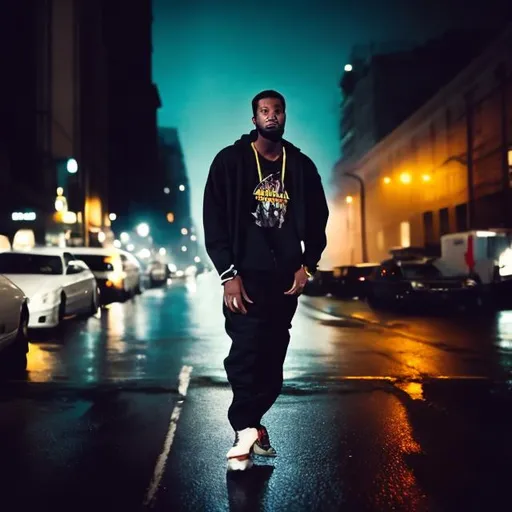 Prompt: african american hip hop hero dark night rainy city streets 