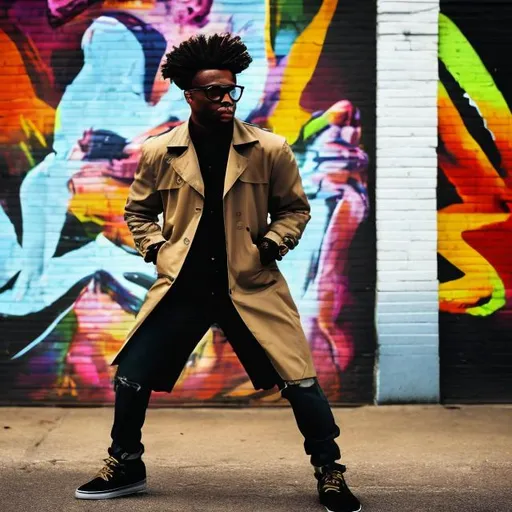 Prompt: african american man side kick fighting strong trench coat vans glasses stylish blurred background  