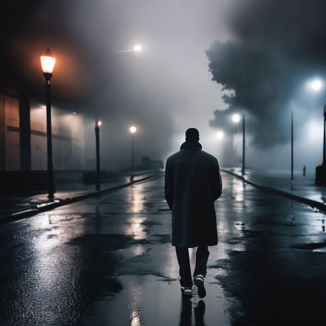 Prompt: african american man walking forward back turned to the camera in a coat through the city night dark rainy fog smoke debris poverty homeless 