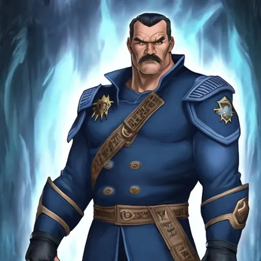 Prompt: Mike haggar as Dalinar Kohlin in a blue military stormlight uniform long coat
