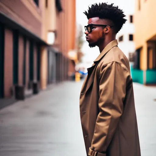 Prompt: side view african american man side kick fighting strong trench coat vans glasses stylish blurred background  