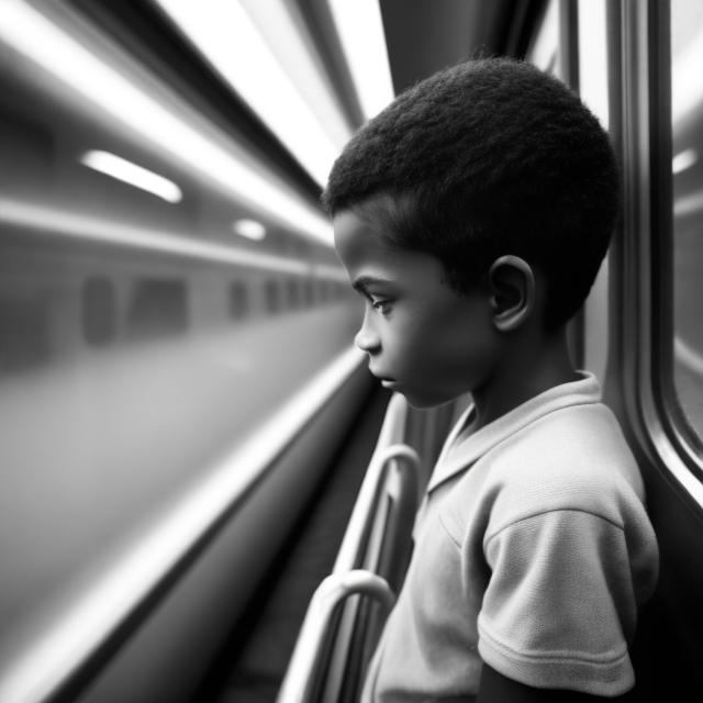 Prompt: sideview an african american boy on a moving train in an open train car