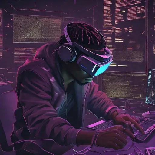 Prompt: african american hacker dark room using vr goggles to hack in a dystopian cyberpunk future