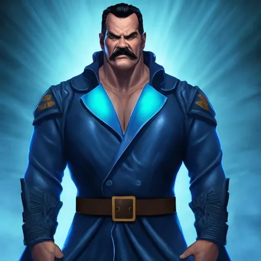 Prompt: Mike haggar as Dalinar Kohlin wearing a long sleeve blue military trench coat blue aura standing on a rock