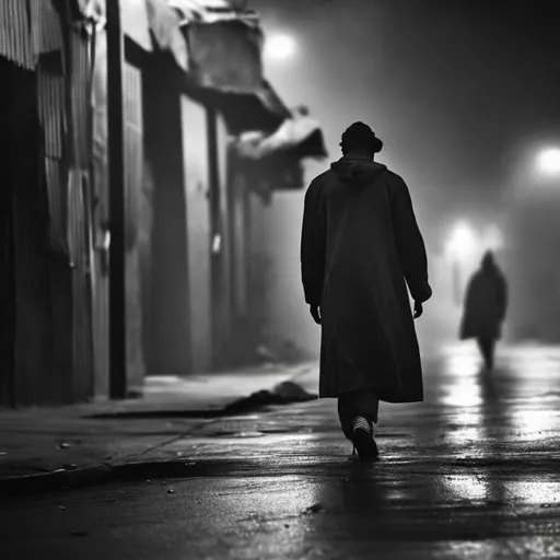 Prompt: african american man walking forward back turned to the camera in a coat through the city night dark rainy fog smoke garbage poverty homeless 