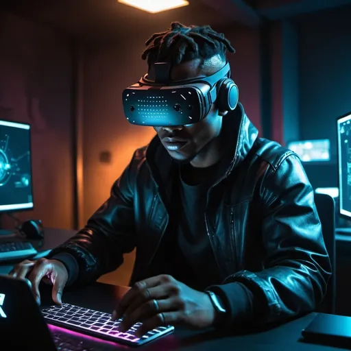 Prompt: an african american hacker in a dark room using vr goggles to hack in a dystopian cyberpunk future