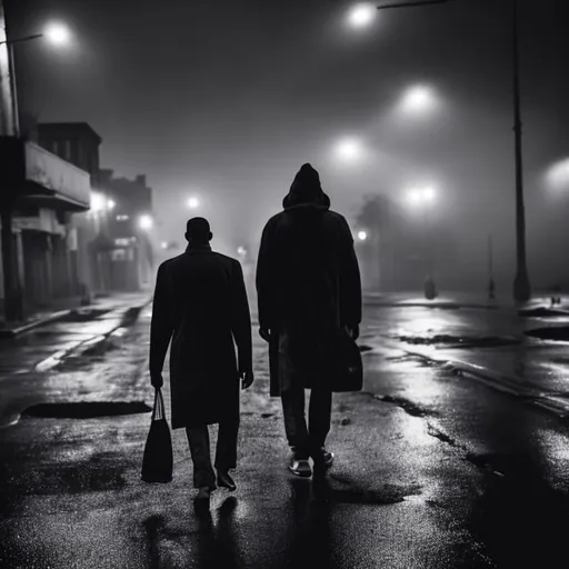 Prompt: african american man walking forward back turned to the camera in a coat through the city night dark rainy fog smoke debris poverty homeless 