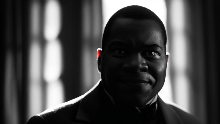 Prompt: african american spy in the shadows smirking a closeup of his face shadows over his face dark background