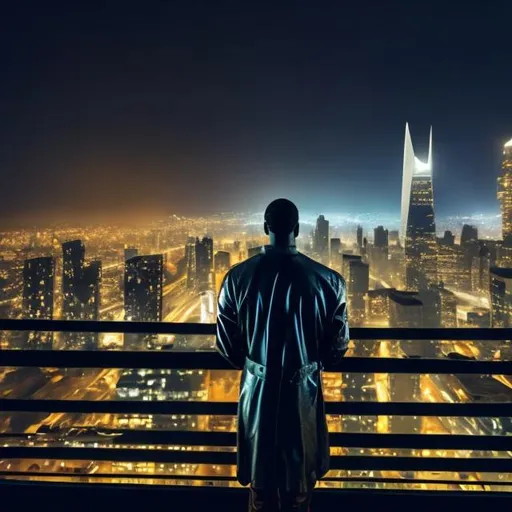 Prompt: african american man looking out over the city from a rooftop in a trenchcoat glasses cybernetic implants dark rainy fog smoke cyberpunk