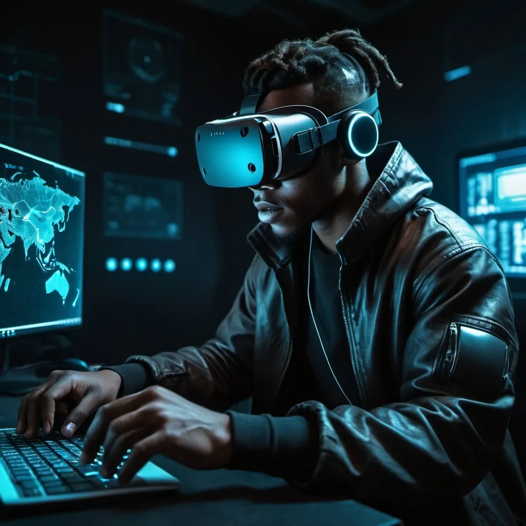 Prompt: an african american hacker in a dark room using vr goggles to hack in a dystopian cyberpunk future