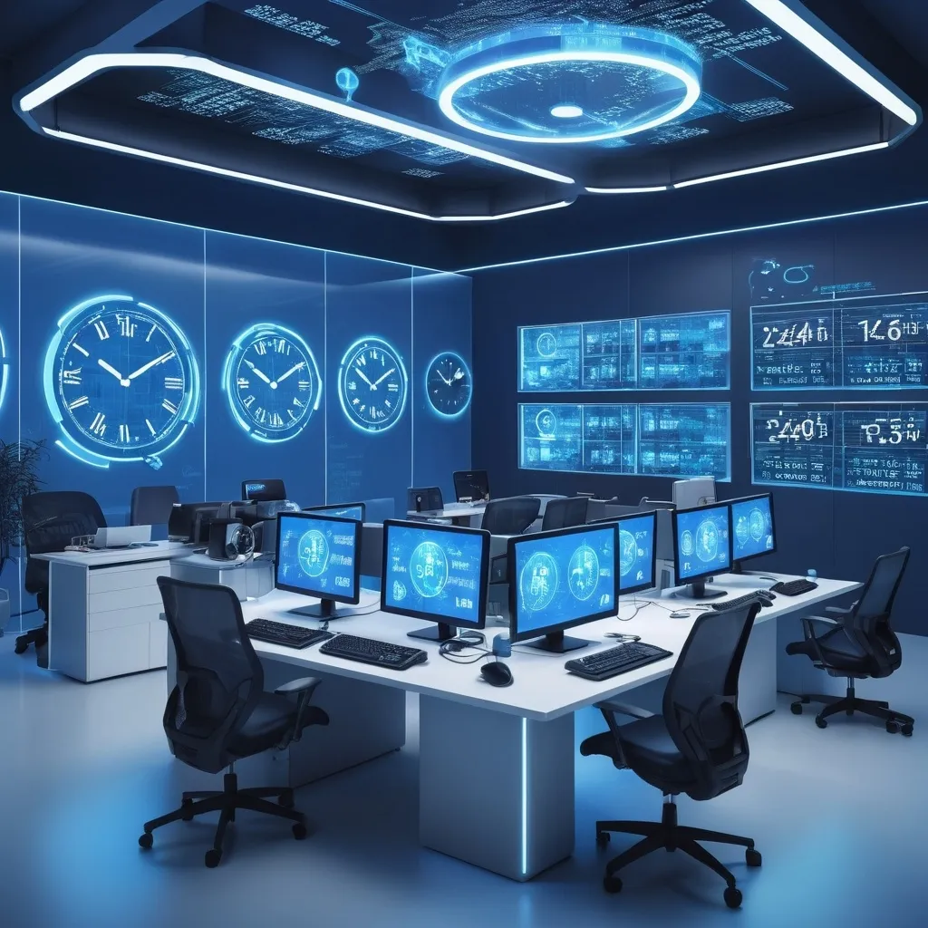 Prompt: (AI customer support center), illuminated by (futuristic AI-driven systems), (robots in action), high-tech workspace, (digital clock) displaying various time zones, depicting a sense of (24/7 availability), (dynamic and busy atmosphere), modern design, cool blue color tones, (high quality), ultra-detailed, (futuristic lighting) highlighting advanced technology.