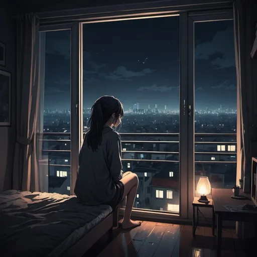 Prompt: Young adult girl in small appartment facing the city at night. Melancholic atmosphere in anime style.