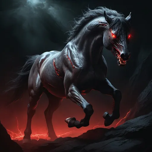 Prompt: Demon horse with glowing red eyes, sharp teeth, leaping out of a fissure, dark and sinister, high quality, digital painting, eerie atmosphere, detailed fur, intense and dynamic movement, demonic, dark tones, atmospheric lighting, intimidating presence