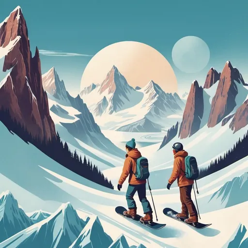 Prompt: National Park style poster of two people snowboarding on an icy planet, digital illustration, snowy mountains and frozen lakes, vintage travel poster vibes, high quality, vintage illustration, icy planet, adventurous, snowboarding, snowy mountains, frozen lakes, vintage style, National Park poster, vintage travel vibes, digital art, vintage color scheme, retro typography, adventurous spirit