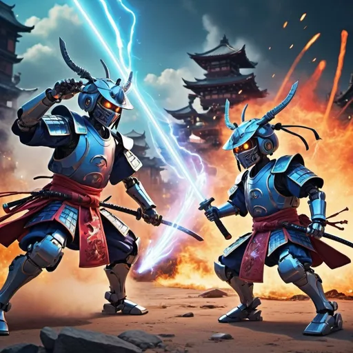 Prompt: Anime style image of two 8-year-old samurai wizards, battling evil robots with magical powers, detailed characters, vibrant and action-packed scene, high quality, anime, magical, intense battle, detailed robotic enemies, dynamic poses, fantasy setting, vibrant colors, detailed magical effects, professional artwork, dynamic lighting