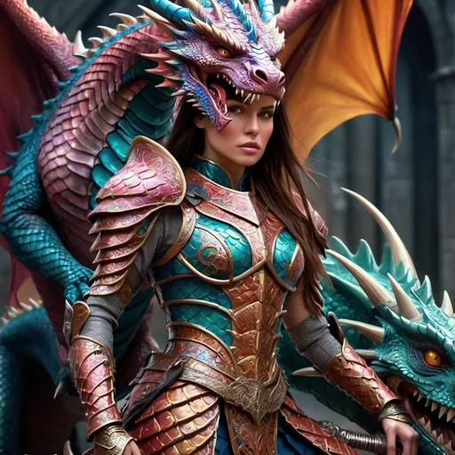 Prompt: Fantasy stylized art of a woman and dragon in battle armor, highly detailed armor and scales, majestic dragon with intricate patterns, powerful and confident stance, vibrant and rich color palette, intense and dramatic lighting, fantasy, warrior, dragon, woman, battle armor, detailed scales, vibrant colors, dramatic lighting, highly detailed, majestic, powerful, confident, fantasy stylized art