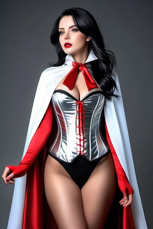 Prompt: ((long high collar shiny silver and red lined cloak tied at the neck)), delicate and beautiful , demure girl , long black hair , silver corset and short skirt , right arm sweeping cape to the left,  RAW Photo , full colour , best quality , HDR , photographic , realism pushed to extreme , fine texture , ultrarealistic, film grain , full length , 8K , vogue,