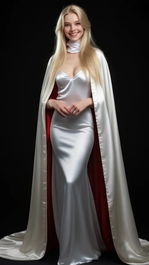 Prompt: Ultrarealistic , lifelike , highly detailed , photo of draculina smiling , long flowing blonde hair wearing a full length white satin cloak tied at the neck with clasp , full body shot