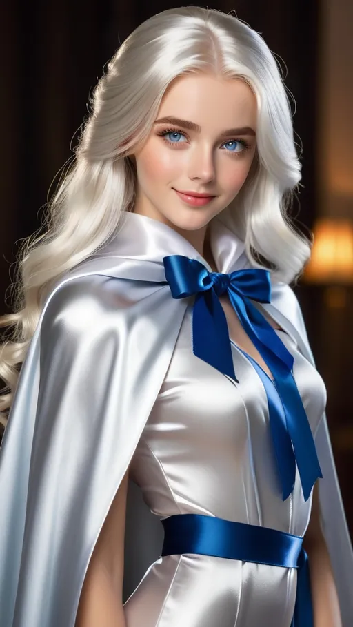 Prompt: Lifelike Blue-eyed girl in her 20s with long white hair, long silver satin cape tied at the neck with a ribbon  , full body, slight skin blemishes, sly smile, high-quality ultra realistic style, warm tones, soft lighting, detailed eyes, subtle freckles, professional, expressive
