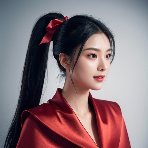 Prompt: (RAW photo, best quality, masterpiece, ultra-detailed, high res), (realistic),(extremely delicate and beautiful:1), mesmerizing portrait of a woman with long black hair in sleek high ponytail detailed features, smiling slightly reflecting lights, glimmering lights, expression of feelings, imaginative, highly detailed, extremely high-resolution details, photographic, realism pushed to extreme, fine texture, 4k, ultra-detailed, high quality, high contrast, wearing silver and red satin cape tied at neck with ribbon ties full body shot