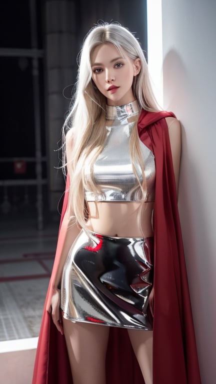 Prompt: long high collar shiny red cloak tied at the neck , delicate and beautiful , breathtakingly beautiful girl , long blonde hair , glossy silver crop top , glossy silver skater skirt , RAW Photo , full colour , best quality , HDR , photographic , realism pushed to extreme , fine texture , ultrarealistic, film grain , full length , 8K , night , vogue,