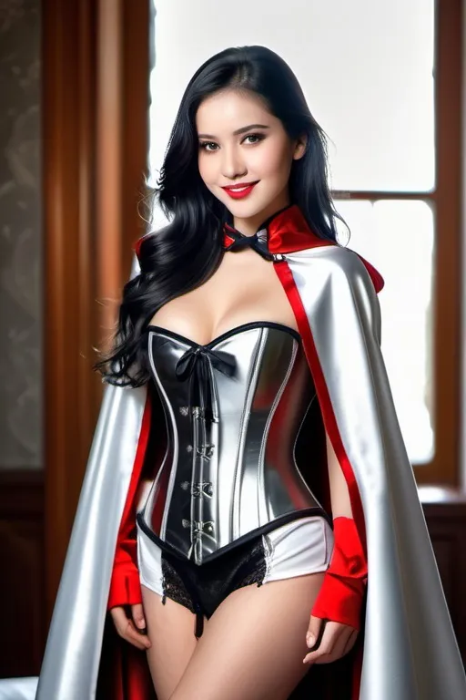 Prompt: ((long high collar shiny silver and red lined cloak tied at the neck)), delicate and beautiful , pretty girl , long black hair , shyly smiling, right hand brushing ahair behind right ear ,silver corset and short skirt ,   RAW Photo , full colour , best quality , HDR , photographic , realism pushed to extreme , fine texture , ultrarealistic, film grain , full length , 8K , vogue,