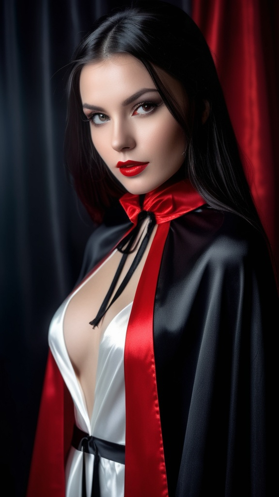 Prompt: long high collar shiny black and red cloak tied at the neck , delicate and beautiful , pretty vampire girl , long black hair , (white satin chemise:1,9), RAW Photo , full colour , best quality , HDR , photographic , realism pushed to extreme , fine texture , ultrarealistic, film grain , full length , 8K , night , vogue,