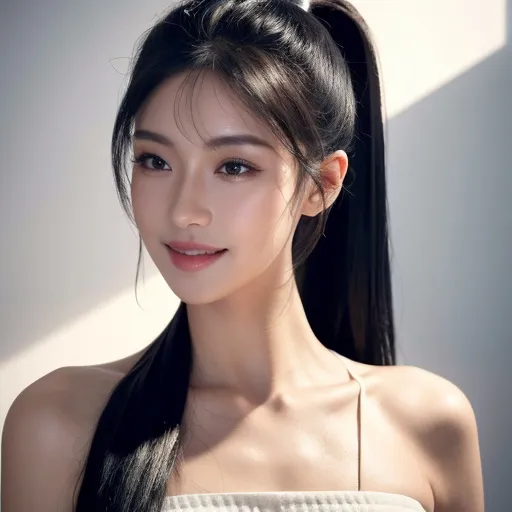 Prompt: (RAW photo, best quality, masterpiece, ultra-detailed, high res), (realistic),(extremely delicate and beautiful:1), mesmerizing woman with long black hair in sleek high ponytail detailed features, smiling slightly reflecting lights, glimmering lights, expression of feelings, imaginative, highly detailed, extremely high-resolution details, photographic, realism pushed to extreme, fine texture, 4k, ultra-detailed, high quality, high contrast, wearing glossy crop top