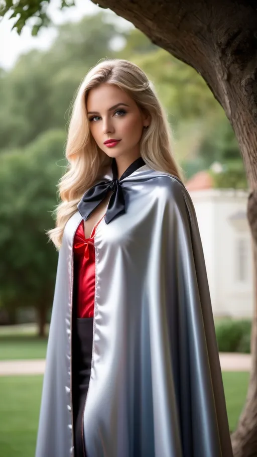 Prompt: Create a highly detailed, ultra realistic, AI defined image of a highly desirable "girl next door look" young adult blonde college student in a floor length glossy silver satin cape tied up at the neck with ribbon, ample cleavage, long hair , inspiring lustful uniform, classic makeup, at a unique fantasy school, 

wide landscape lense, ISO 500, Aperture f/22, APS-C, Splash art, dark fantasy art, stunning bokeh, cinematic lighting and scale, super detailed, 64k, high quality perfect lighting, perfect shadows.